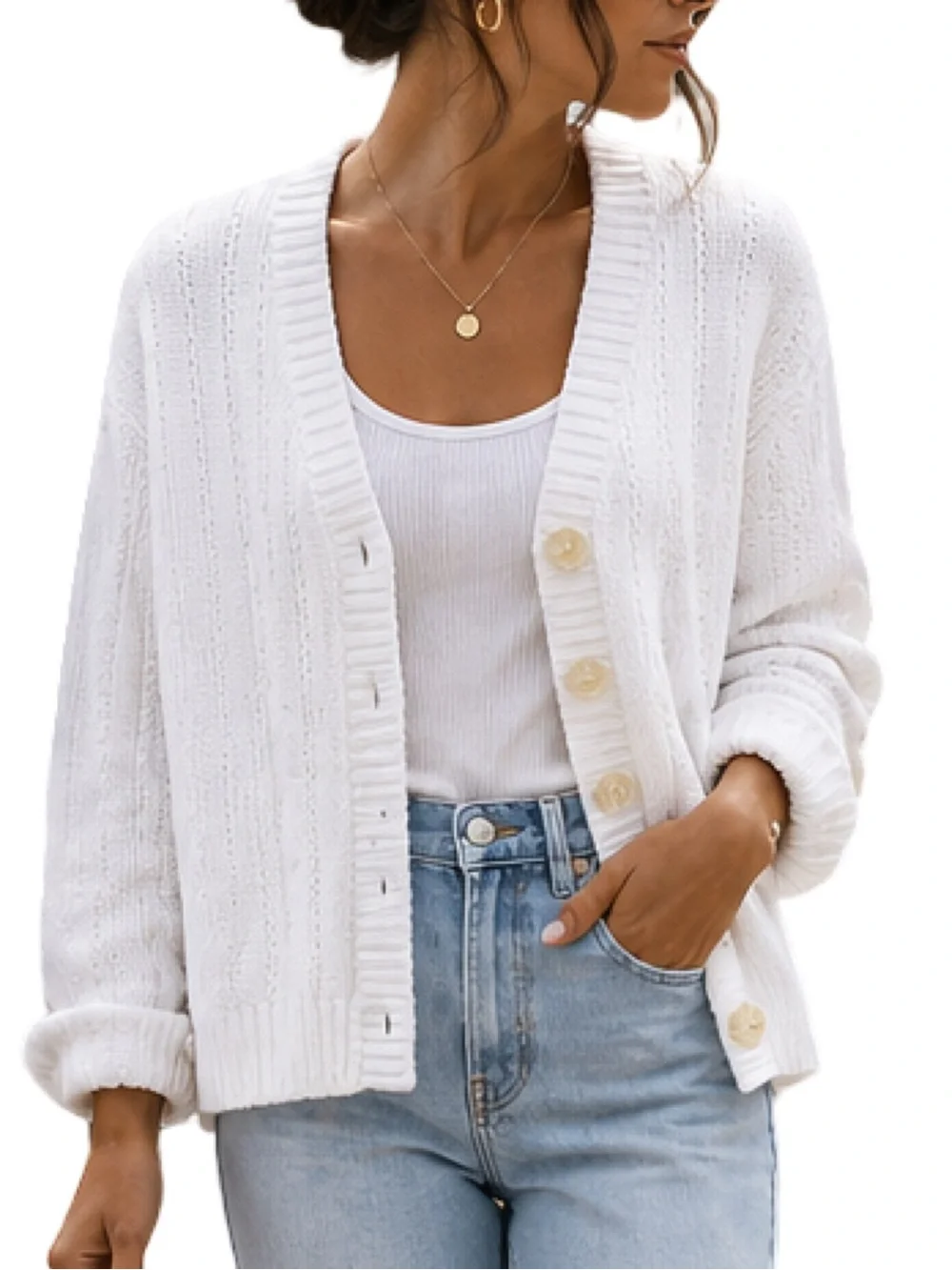 Vintage Classic Elements Chunky Knit White Cardigan Women’s Small or Girls Large